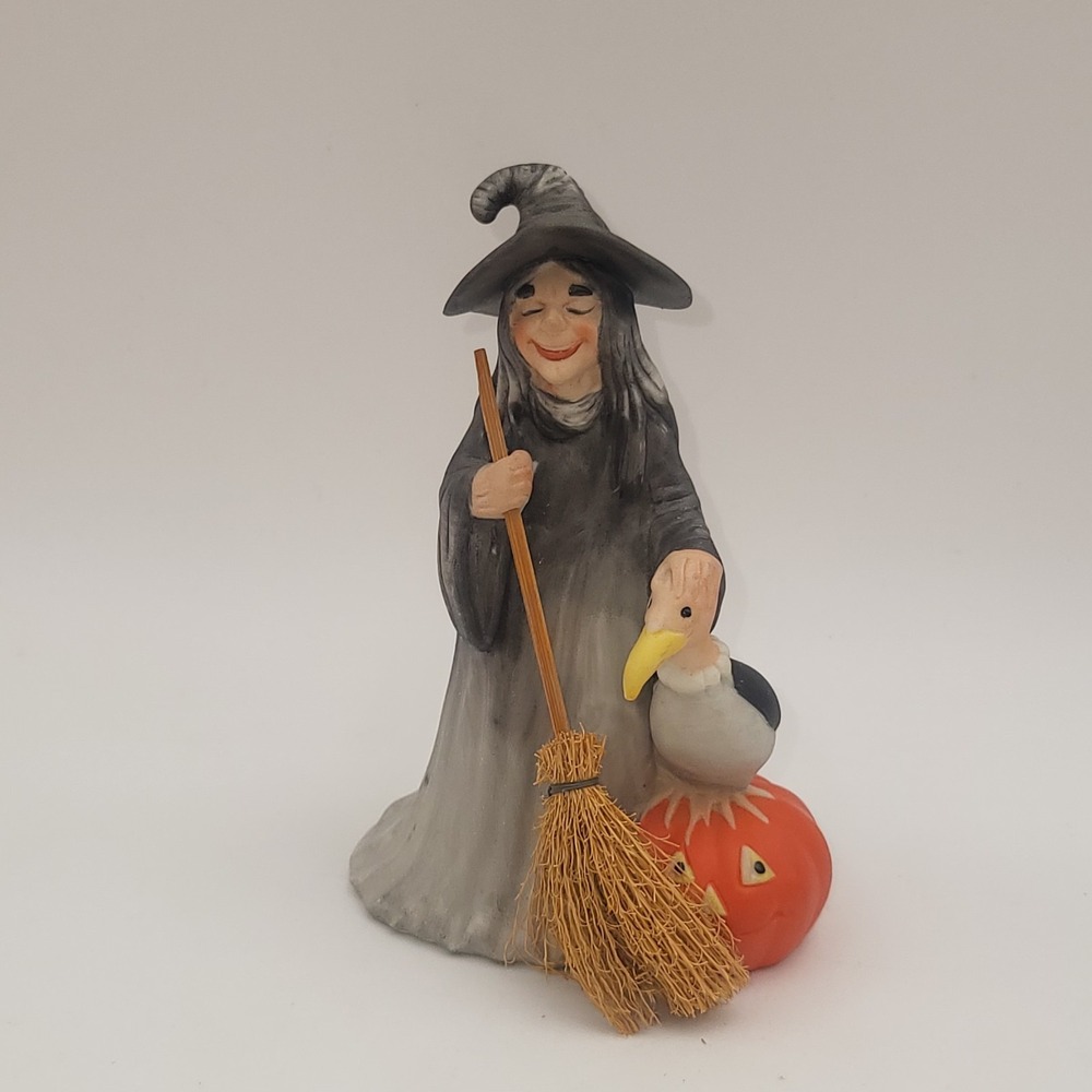 Vintage 1985 United China & Glass Halloween Witch Sweeping With Pumpkin And Cat